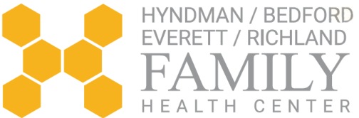 Hyndman/Bedford/Evertt/Richland Family Health Center logo with yellow hexagon H on the left side