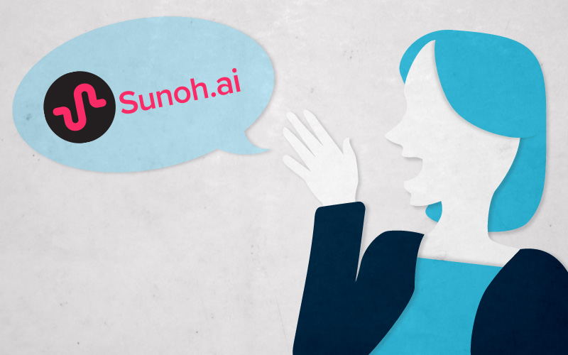 Cartoon woman with hand out and text bubble with the Sunoh.ai logo inside the text bubble