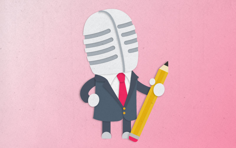 cartoon microphone in suit and tie holding pencil