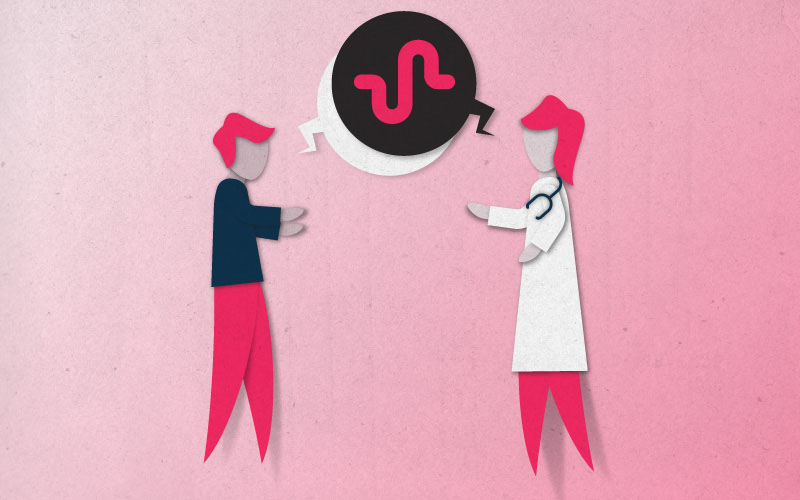 A doctor and Patient talking with the Sunoh logo inside speech bubbles made in a paper cut out art style