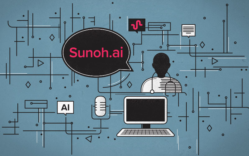 Icons of a computer, a doctor, and a microphone connected to the Sunoh.ai AI medical scribe logo