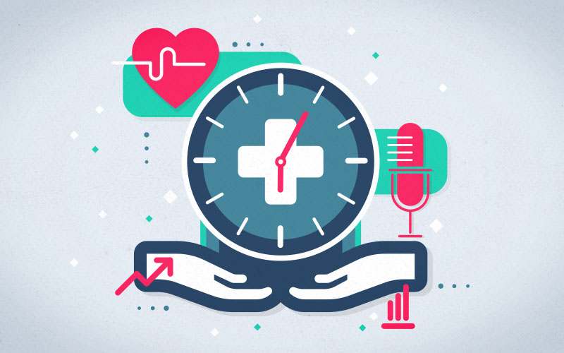 graphic of hand holding a clock with medical symbols around