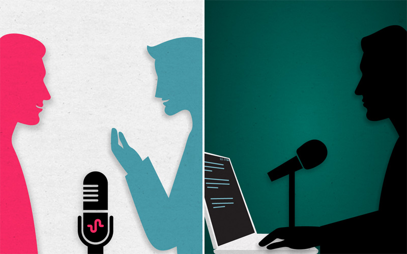 illustration of doctor and patient using ambient listening technology vs a doctor using voice dictation.