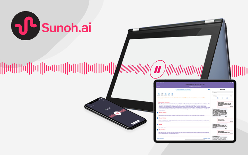 Sunoh.ai medical AI scribe available on smartphones and iPads with the Sunoh.ai apps.