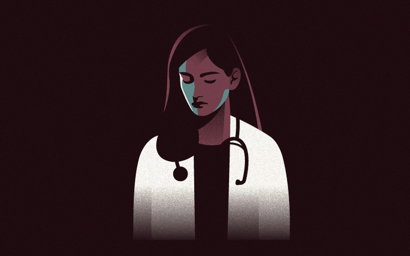 Sunoh.ai is the antidote to physician burnout. Female physician looking down.