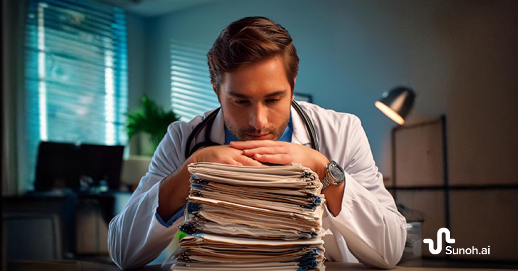 Doctor leaning over stack of papers